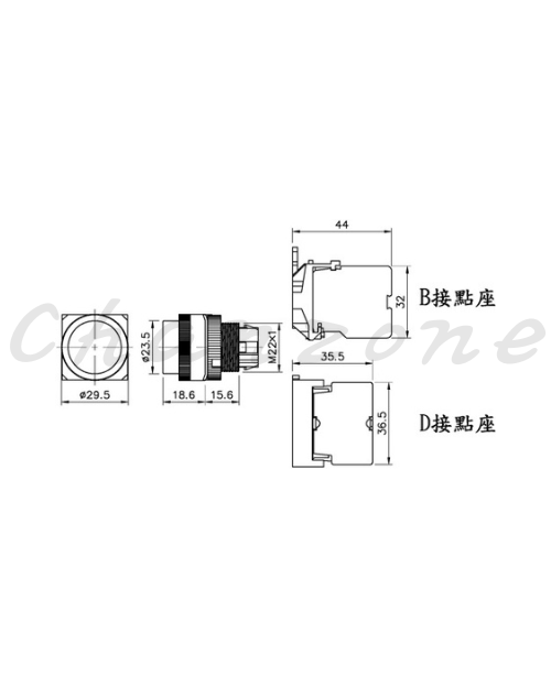 山河電機 ø22-SHD系列/金屬固定圈接點座B型、D型共用 自動復歸按鈕開關 SHDB-221G/223G/226G/228G